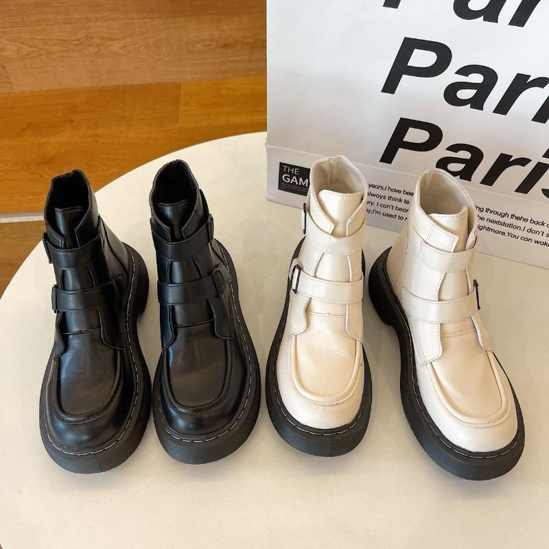 2025 Women Leather Boots Autumn Winter Warm Comfortable Buckle Ankle Boots Muffin Women Thick Bottom Motorcycle Boots Botas35-39