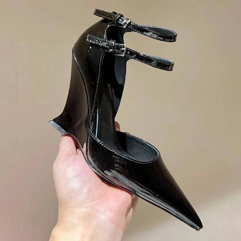 

Модные красные туфли на танкетке с вишней 2024, с острым носком, сексуальные, модные туфли-лодочки Мэри Джейн, обувь в стиле «старые деньги» для женщин 40 чёрный