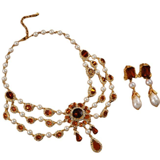 Vintage Baroque Rhinestone Earrings & Pearl Water Drop Necklace Set