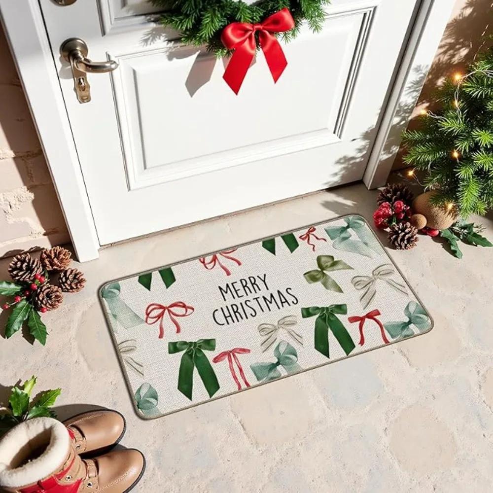 Christmas Carpet Mat Rug Beige Red Green Bow Pattern with Merry Christmas Text Home Decoration Floor Mat Welcome Mat Door Mat