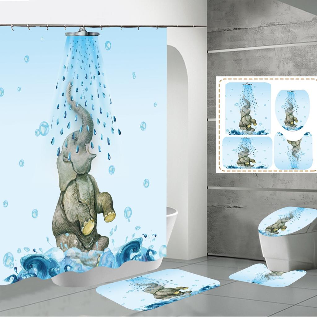 Polyester Elephant 3D Digital Printing Bathroom Personalized Partition Shower Curtain Four-Piece Set