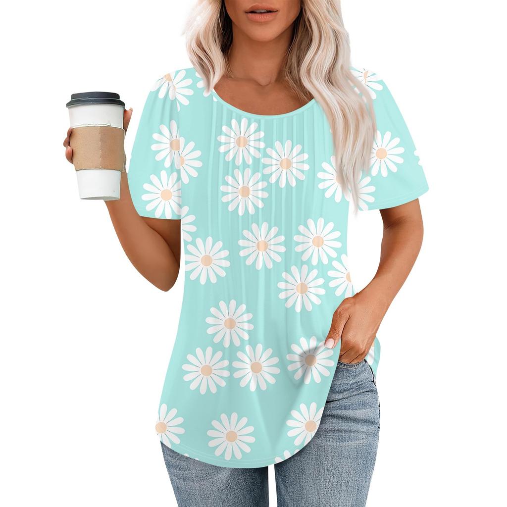 Damen Sommermode Lässig Plissee Rundhals Print Kurzarm T-Shirt Top