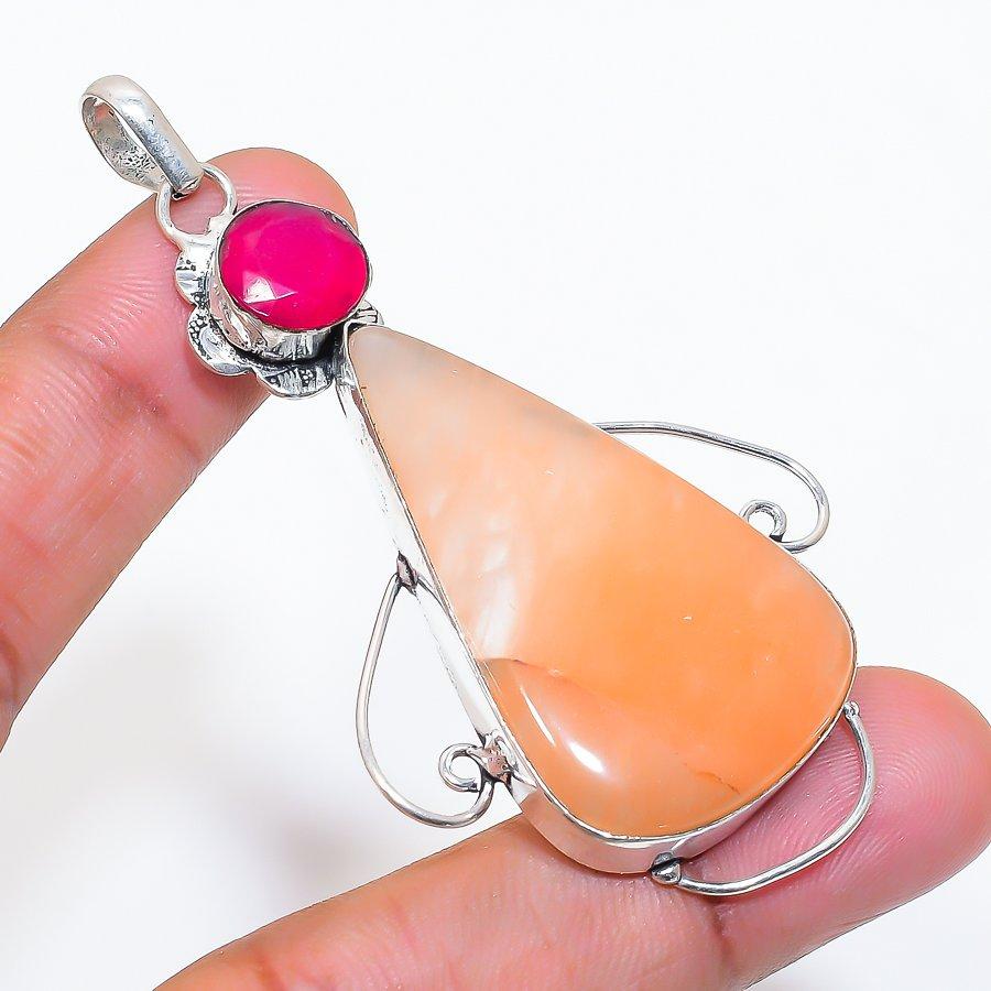 Natural Carnelian, Jade Gemstone 925 Sterling Silver Jewelry Pendant 2.88" ZS-216