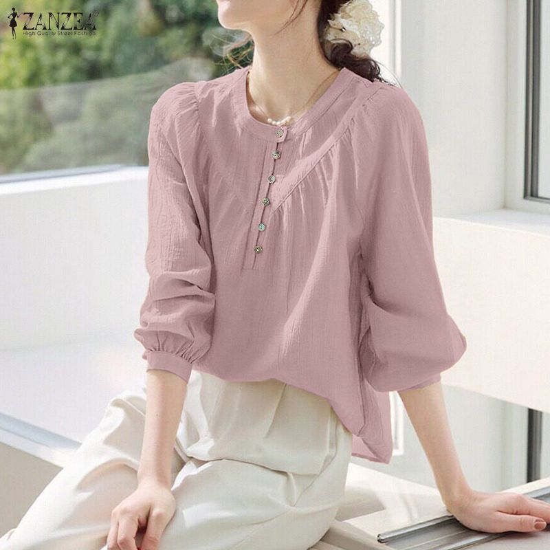 ZANZEA Women Casual Round Neck Solid Color Long Sleeve Cover Up Blouse