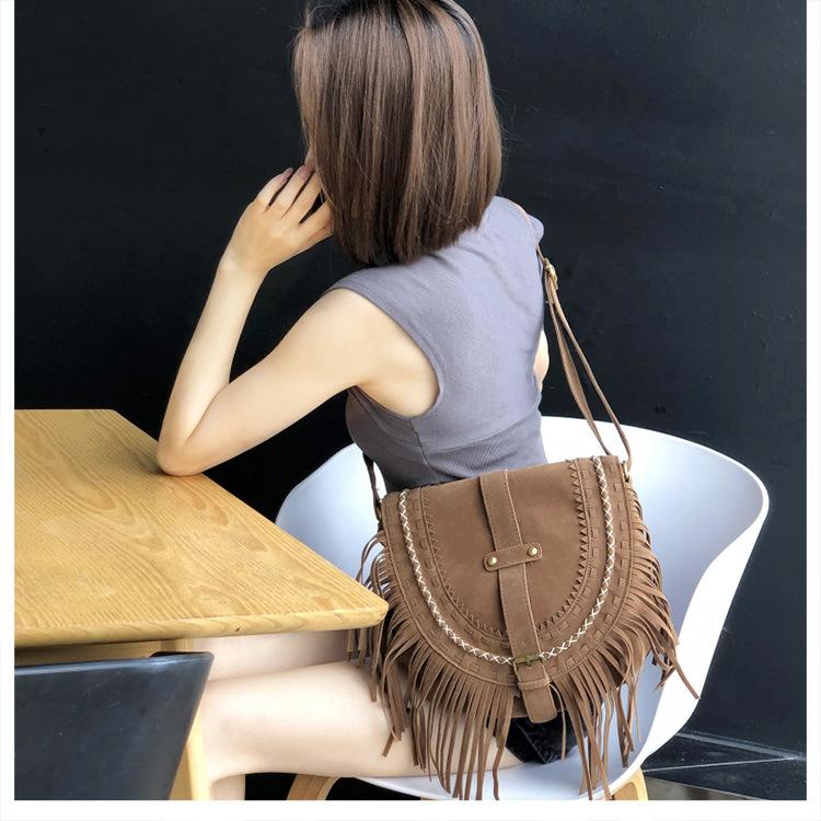 Tassel Bag Brown Retro Western Denim Bag Niche Ethnic Bohemian Messenger Bag Women's Trendy Shoulder Bag