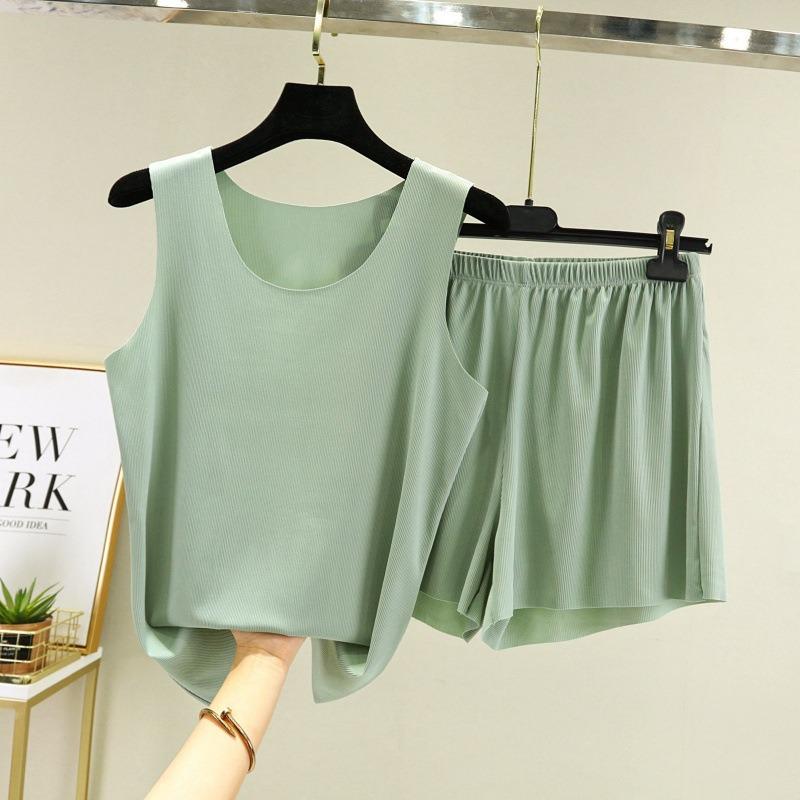 

Women s 2 Pieces Ice silk suit women s loose camisole vest sleeveless top shorts Cami Pajama Set Sexy Crop Top & Shorts Suits Lady Sleepwear XXXXL зелений