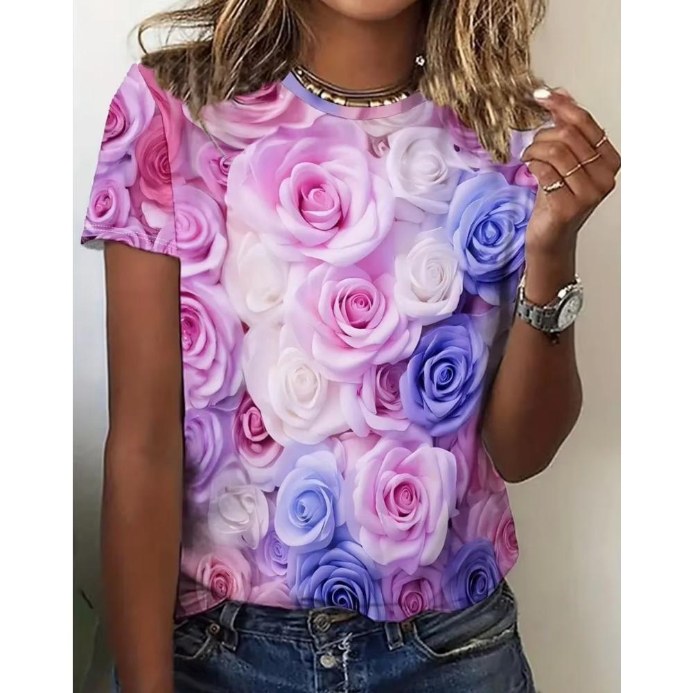 Summer Women's Casual Outdoor Round Neck Short Sleeve Tops Purple Flower Printed Style OverSize Fashion
