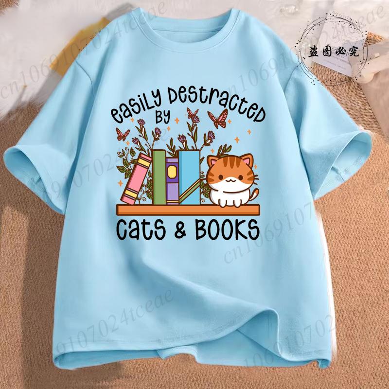 Easily Distracted By Cats & Books Tees Tops Floral Cat Shirt Women Fashion Tshirt Oversize Summer Tshirt Short Sleeves Clothing