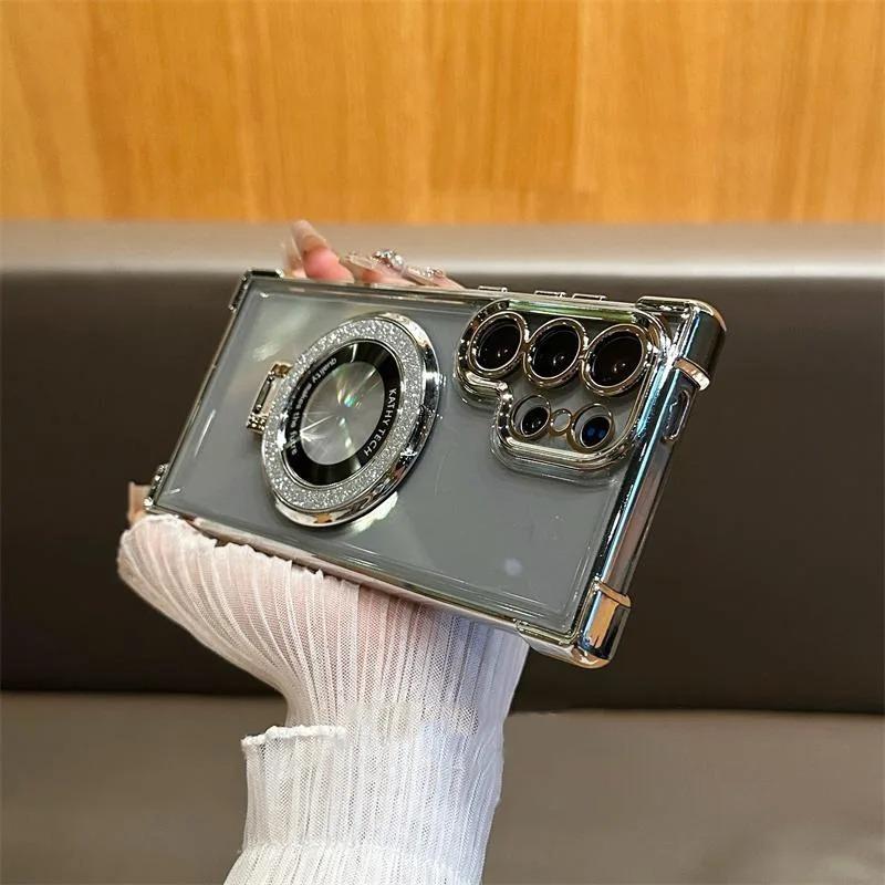 Luxusní třpytivé pouzdro s magnetickým držákem pro Samsung Galaxy A55 5G A35 a54 S24 Ultra S23 FE S22 PlusS21S20 Silikonový kryt odolný proti nárazům