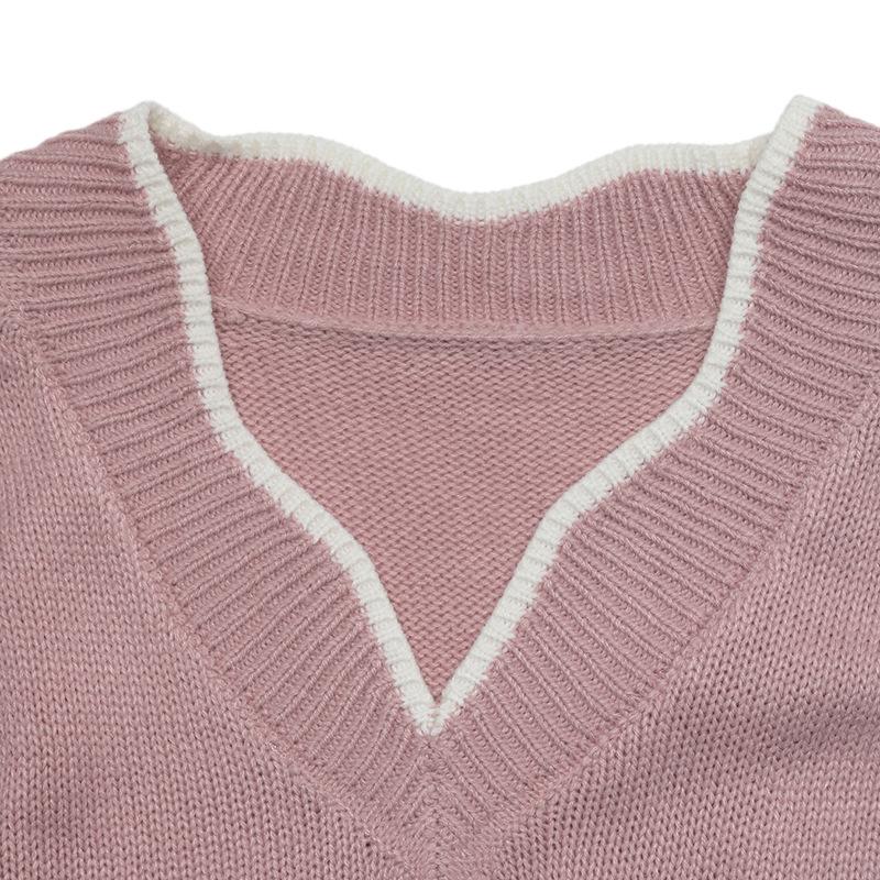 2026 Autumn/Winter V-neck Color Block Loose Long Sleeve Sweater - Fresh Sweet Style