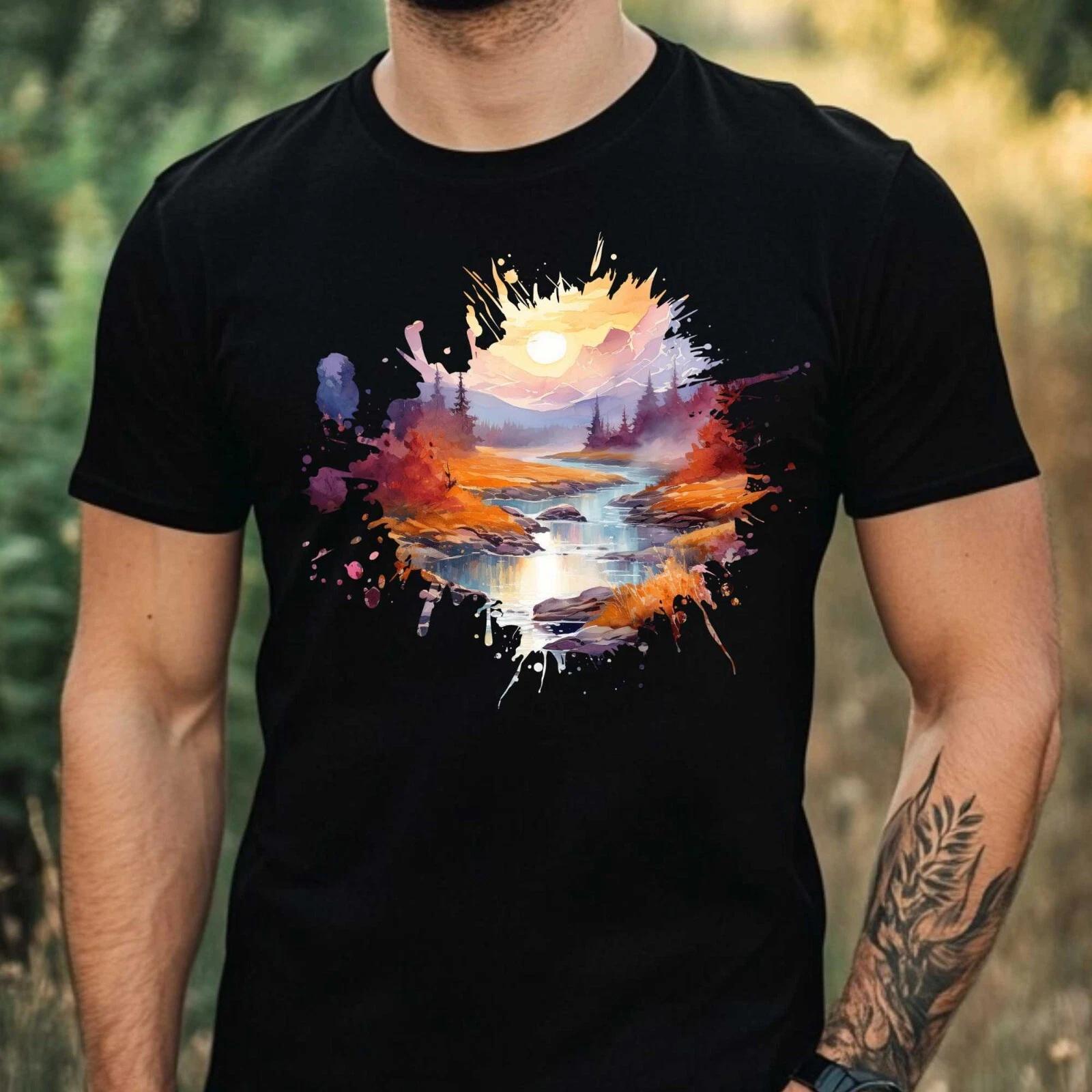 T-Shirt Herren Aquarell Berglandschaft Motiv Baumwolle Größe XS bis 5XL XS