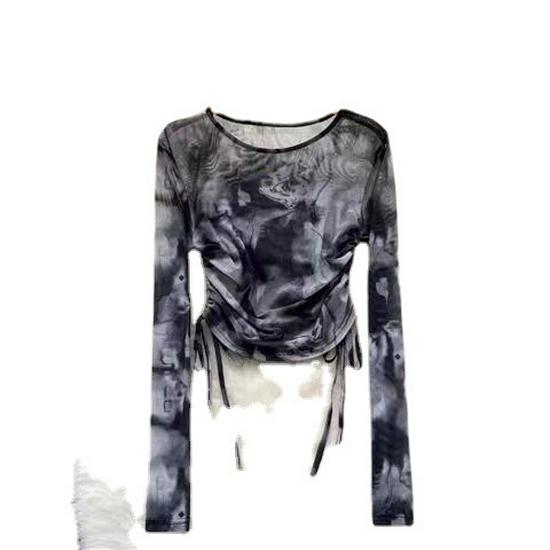 Stylish Summer Tie-Dye Mesh Long-Sleeve T-Shirt with Drawstring