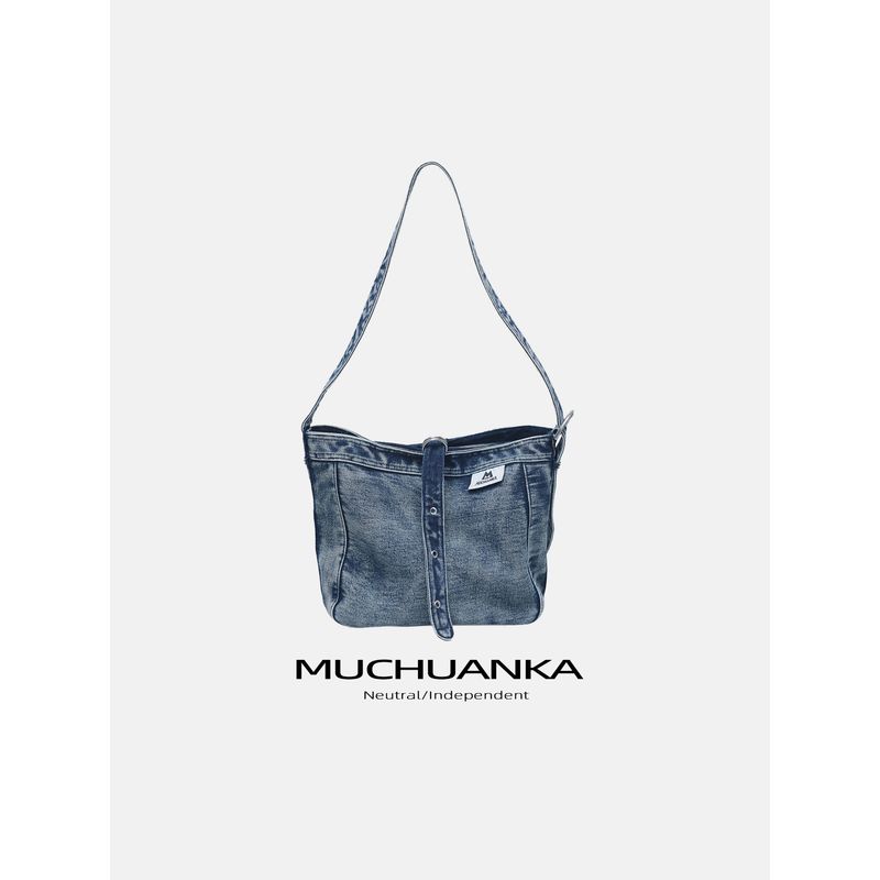 

Kikawa Card Original Niche Design Distressed Retro Denim Shoulder Tote Bag Lazy Wandering Messenger Bag Wash water Denim