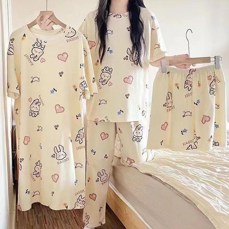 Pajamas women's summer round neck short-sleeved nightgown summer loose cropped pants loungewear set