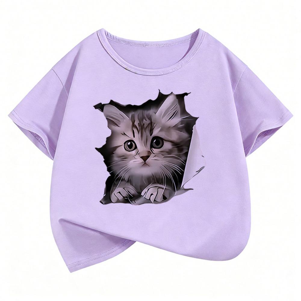 

Cute Cat Graphic Kids Tshirts Summer Short Sleeve Tees Cartoon Animal Boys Girls Clothes Kawaii Kitten Tops Y2K Children T-shirt 160
