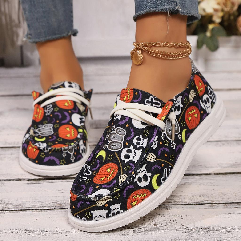 Plus Size Spring and Autumn New Casual Single Shoes Women's Halloween Pumpkin Ghost Skull Women's Single Shoes