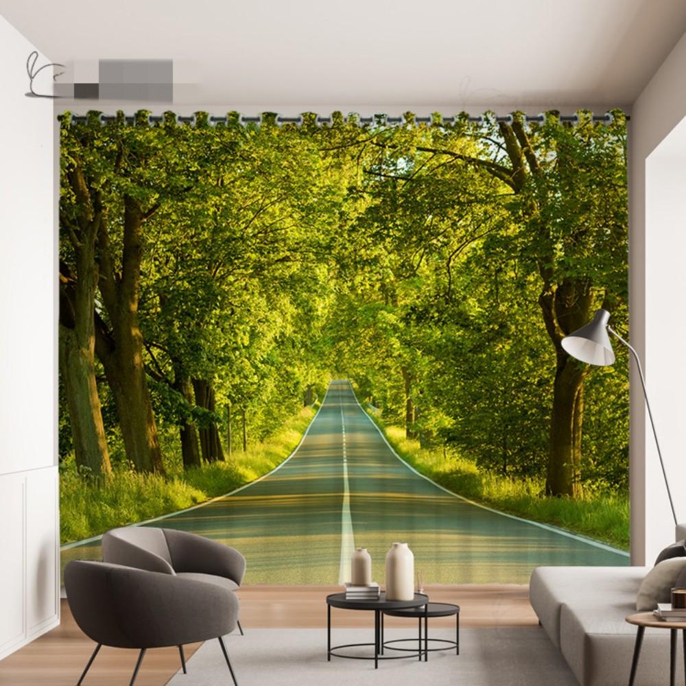 2 Panel Custom Forest Curtain Visual Extension Highway Curtain 3D Space Forest Tree Green Scenic Living Room Windows Curtain