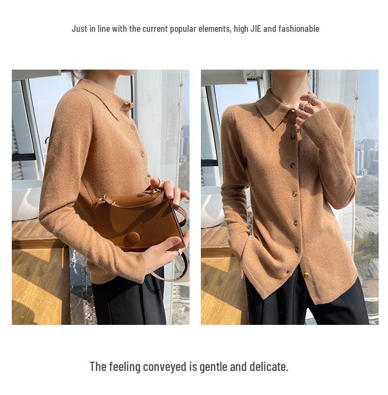 Pure Wool Women's Polo Collar Knit Cardigan – Autumn/Winter, Solid Color, Skin-Friendly, Single-Breasted Outerwear.