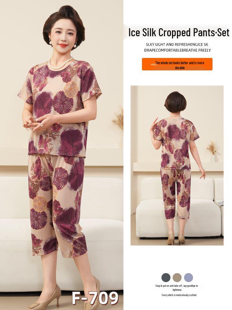 Women's Plus Size Ice Silk Pajama Set: Casual Short Sleeve Two-Piece for Middle-aged and Elderly Moms