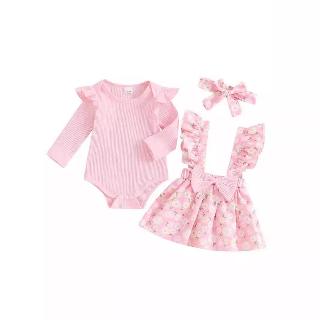 European & American Pastoral Style Infant Romper 3-Piece Set: Bow Floral Suspender Skirt