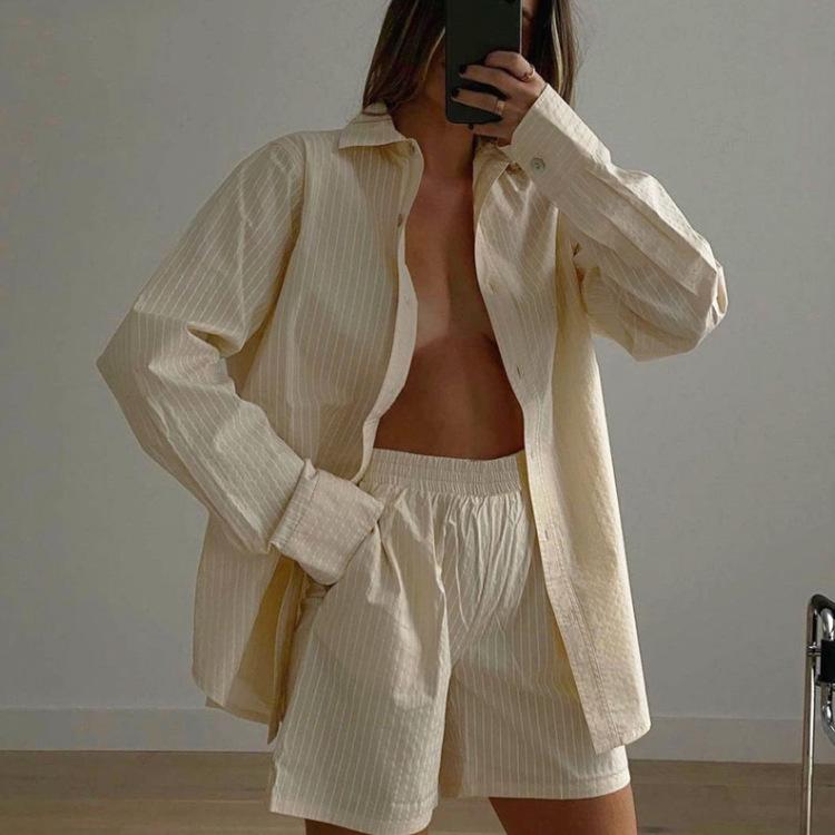 Casual Striped Two-Piece Set: Long-Sleeved Shirt & Wide-Leg Pants with High-Waist Shorts.