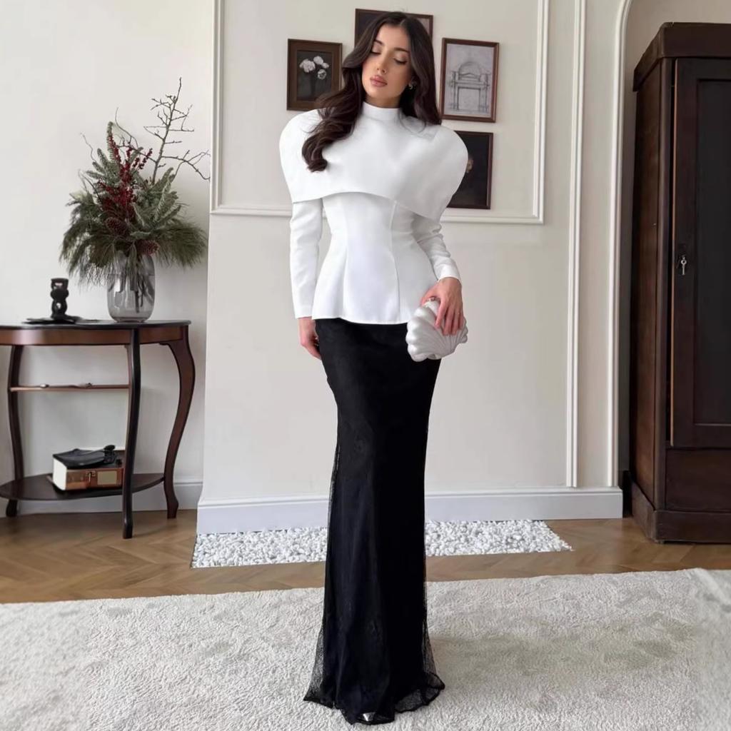 Cross-border European and American women's clothing Amazon slim-fit round neck long-sleeved waist commuting temperament straight skirt set