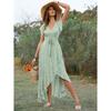 New V-neck Bohemian Vacation Style Slim Fit Tied Dress