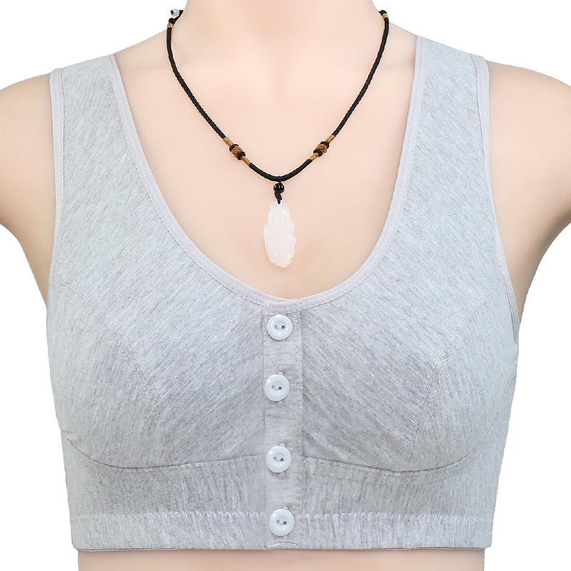 Front Button Cotton Bra for Middle-Aged & Elderly Women - Plus Size Vest Style, Solid Color.
