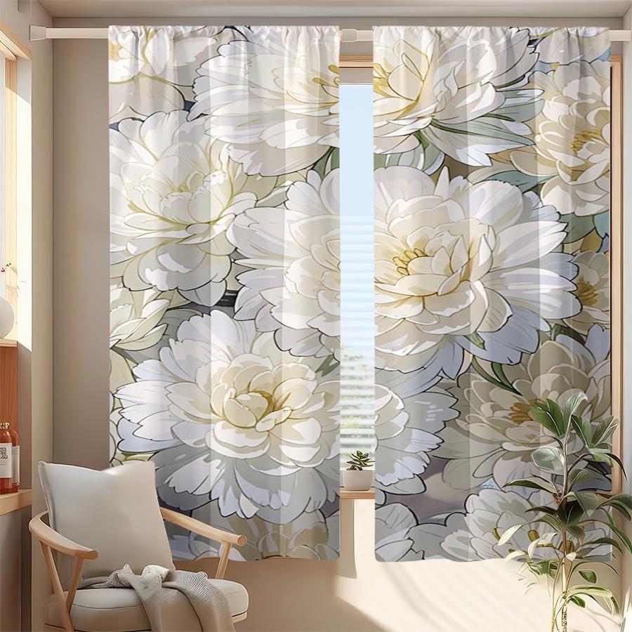 2Pcs, Multicolor, Large Cream Peony Floral Print Curta, For Bedroom And Living Room, Rod Pocket Style