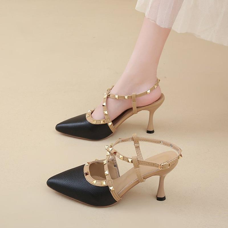 

Модные женские гладиаторские сандалии Летняя роскошь Женский тренд 2025 Ремешок на щиколотке Дизайнерский бренд Заклепки Высокий каблук Женская обувь женщины 34 чёрный