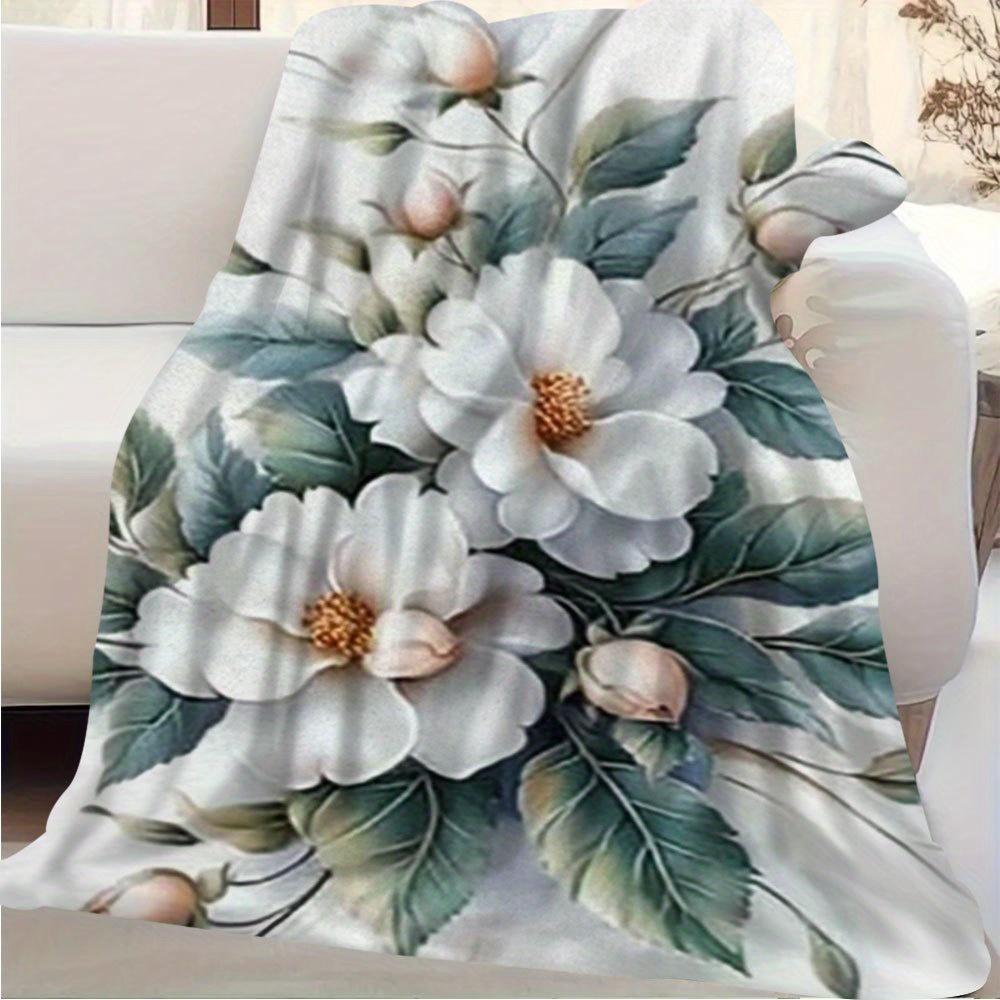 1pc Vintage Floral Print Blanket, 60x80 Inch - White Roses & Green Leaves Design, Soft Cotton, Perfect for Sofa, Chair, Bed, Car