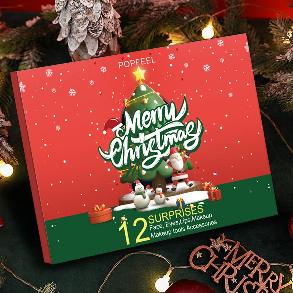 Popfeel Crăciun Fericit 12 Surprize Calendar de Advent Set Machiaj Kit Cosmetic Complet pentru Față Fard de Ochi Ruj Fond de Ten Cutie Cadou de Sărbători pentru Femei