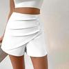 Sommer-Shorts für Damen, hohe Taille, asymmetrischer Plissee-Knopf-Dekor, einfarbig, schmale Passform, weiche Bauchkontrolle, über dem Knie liegende Mini-Shorts