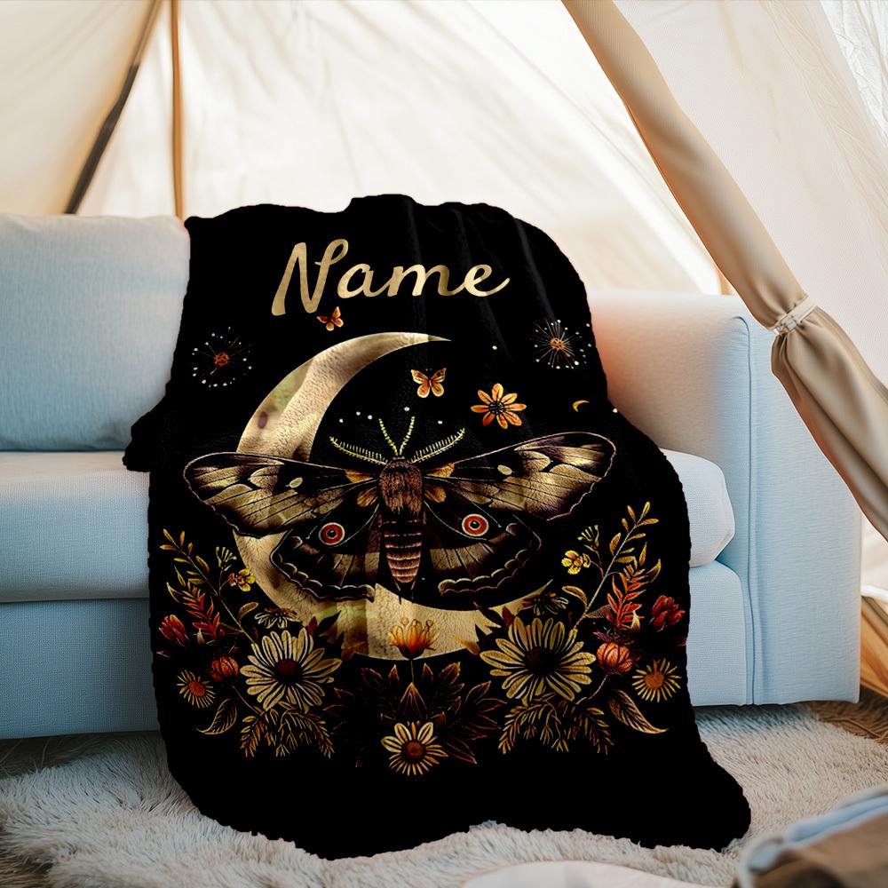 Outdoor Customize Your Name Blanket Moonlit Moth Floral Design Comfortable Soft Lightweight Allseason Multipurpose Blanket For Travel Camping Picnics