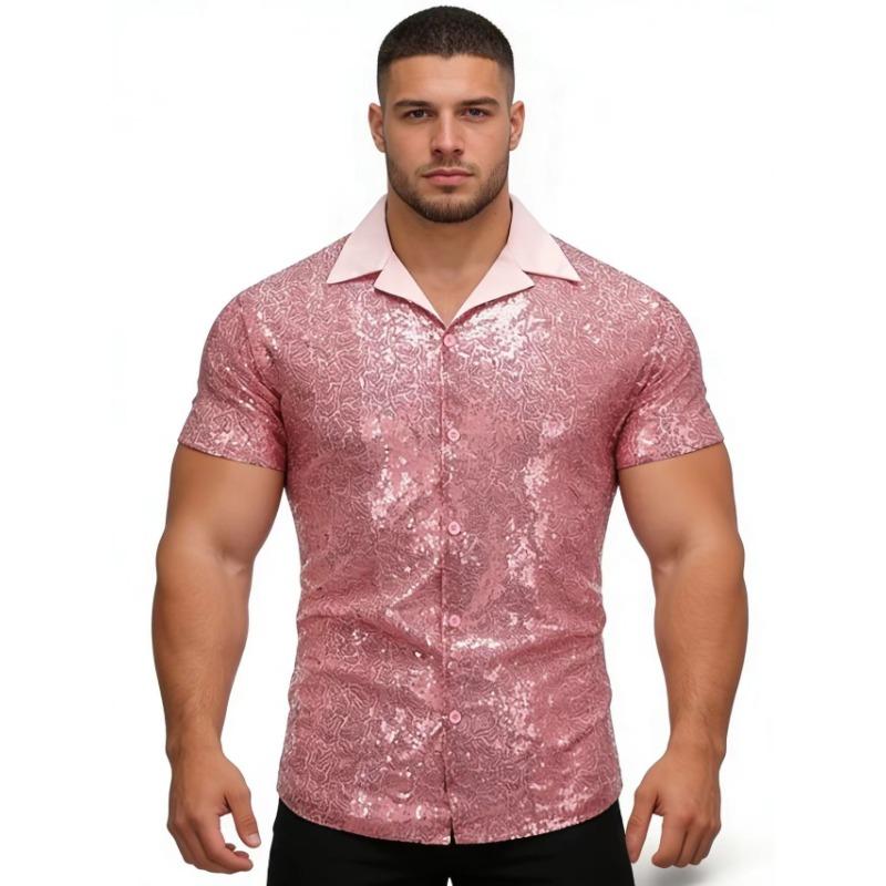 Herren S Pailletten Kurzarmhemd Disco Party Stil L rosa