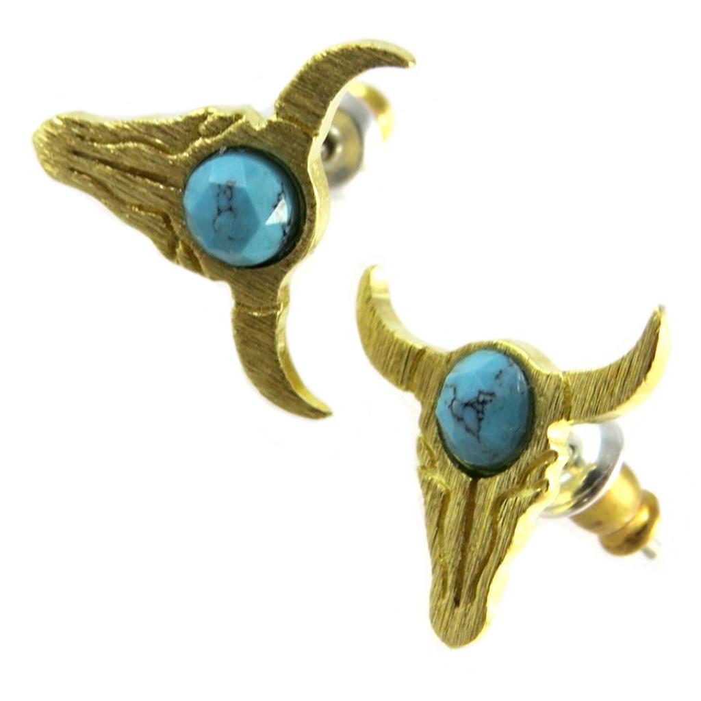 7bis [Q1551] - Handmade 'Boho' Turquoise Gold (bison Skull) Earrings - 15x14 Mm