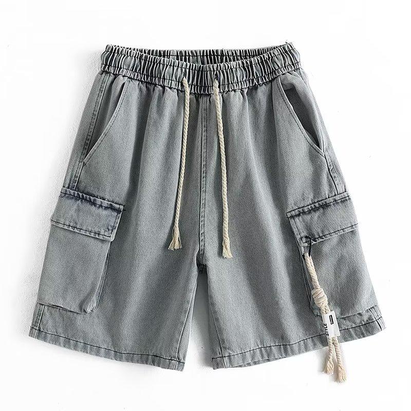 

Мужские летние джинсовые шорты в японском стиле с множеством карманов — повседневные, свободного кроя, модные, средней длины M светло-синий