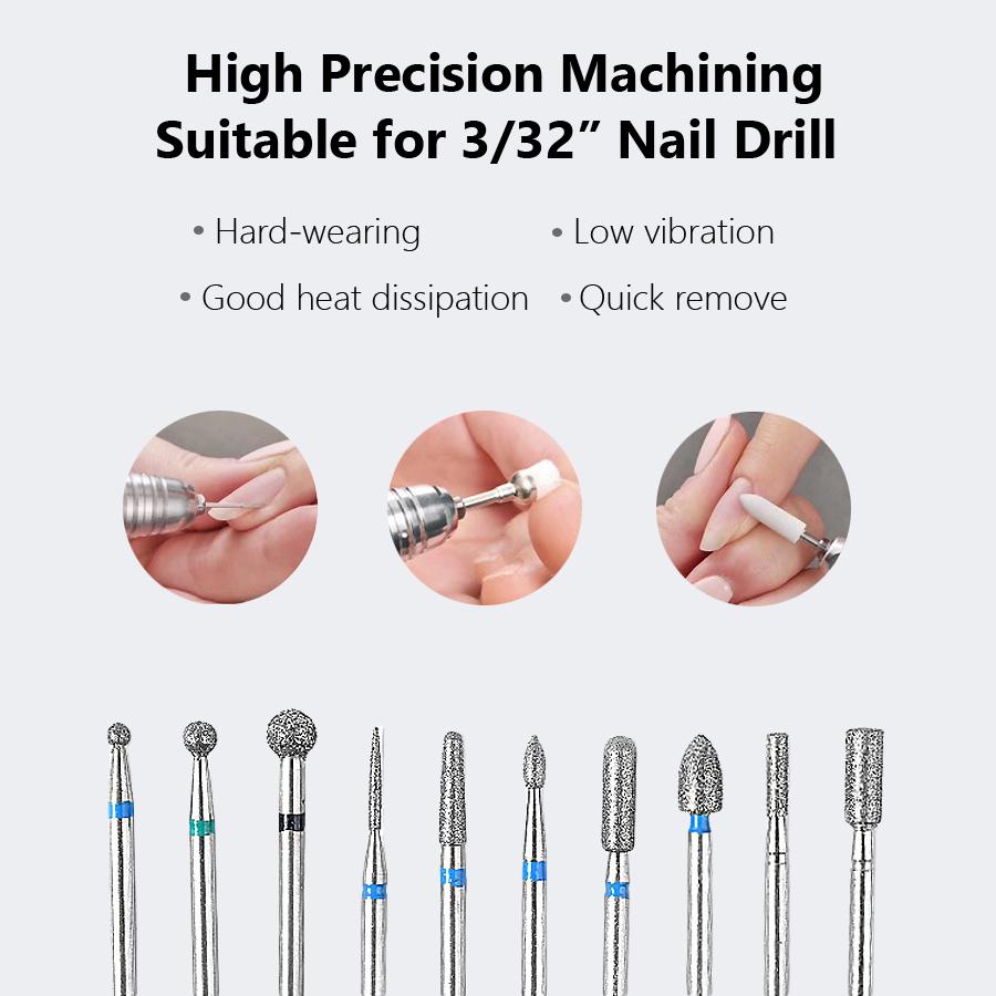 10 Stück Wolframstahl Nagel Schleifkopf Set mit Feile, Bürste, Polierer & Nagelhautentferner Werkzeugen für Maniküre Pediküre