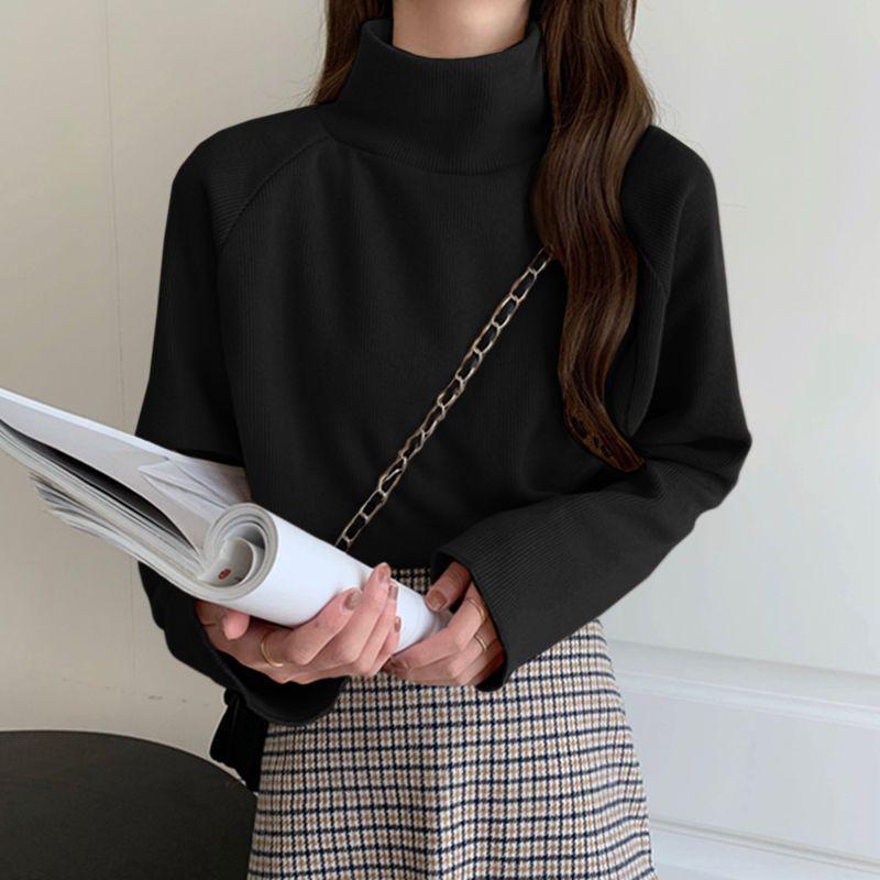 Korean-Style Autumn Loose Mid-High Neck Long Sleeve Shirt for Women - Solid Color Trendy Base Layer.