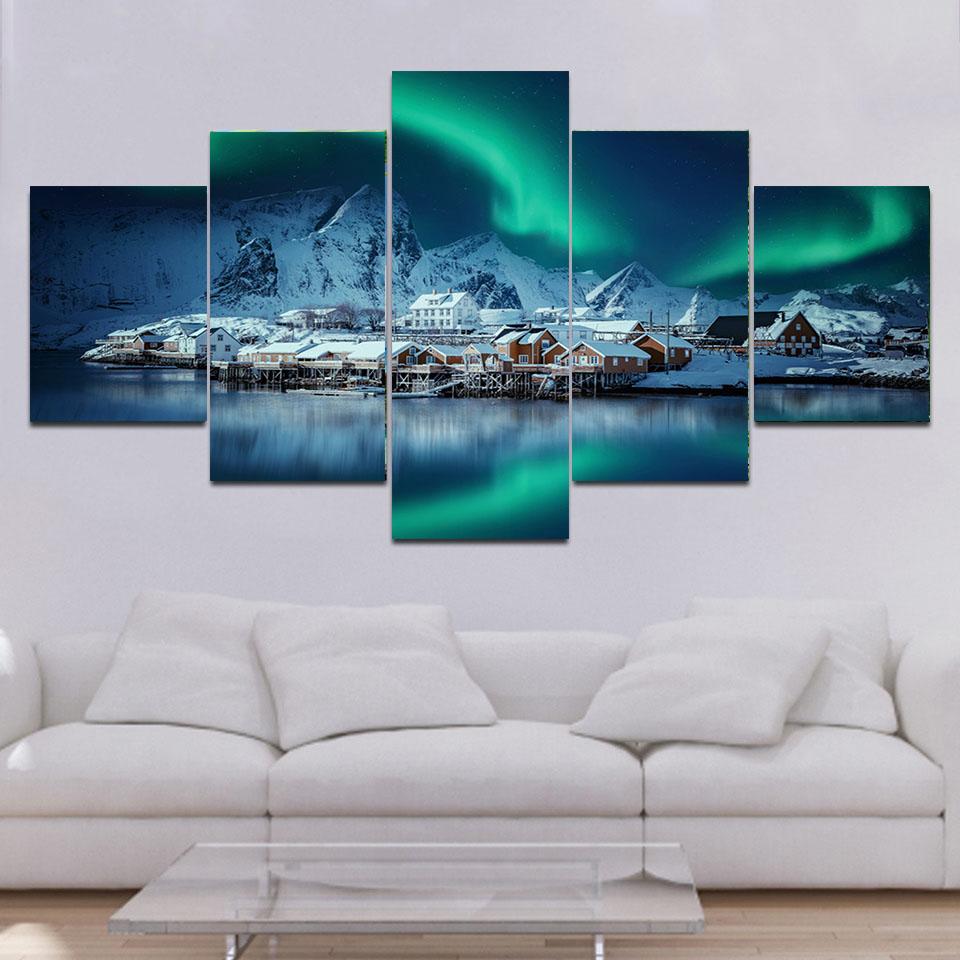 5 panouri Peisaj Lofoten Pânză Pictură Iarnă Aurora Nordică Postere și imprimeuri Artă de perete Fotografii Decor acasă fără cadru