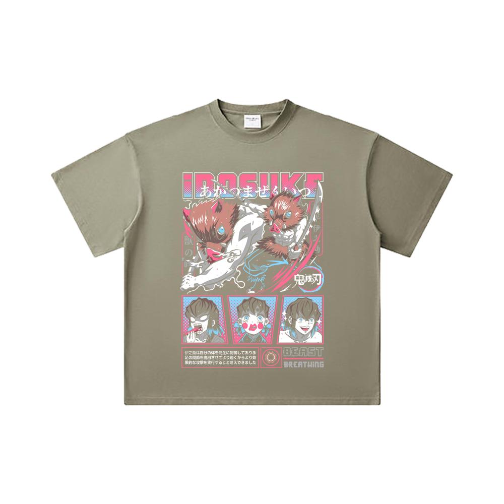 260 GSM Double Yarn 32 Count 100% Cotton Demon Slayer V28 Inosuke Print Unisex Heavy Cotton T Shirt