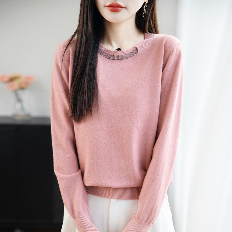 Women's Rhinestone Crew Neck Knit Sweater - Elegant, Versatile, and Stylish for Autumn & Winter