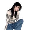 Zhao Lusi & Bai Lu French Stripe Polo Collar Knit Cardigan - Women's Autumn Style Base Layer Top