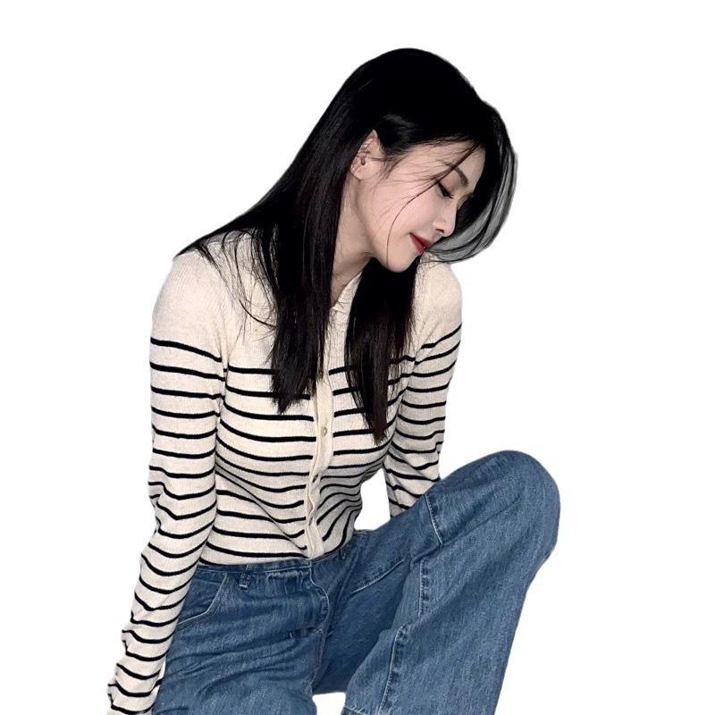 Zhao Lusi & Bai Lu French Stripe Polo Collar Knit Cardigan - Women's Autumn Style Base Layer Top