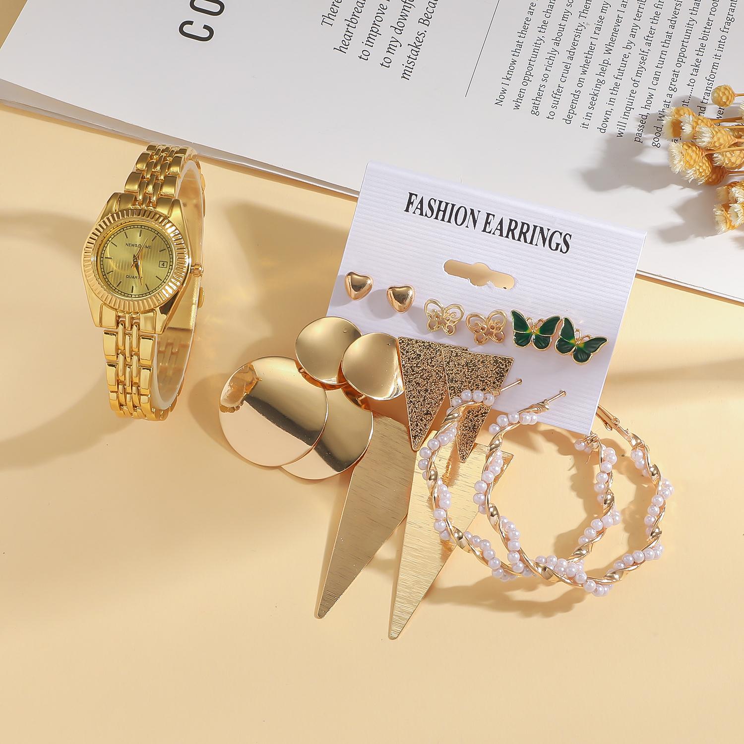 

New style small dial without gift box, Korean version quartz strap, multi style earrings 2-piece set золотой