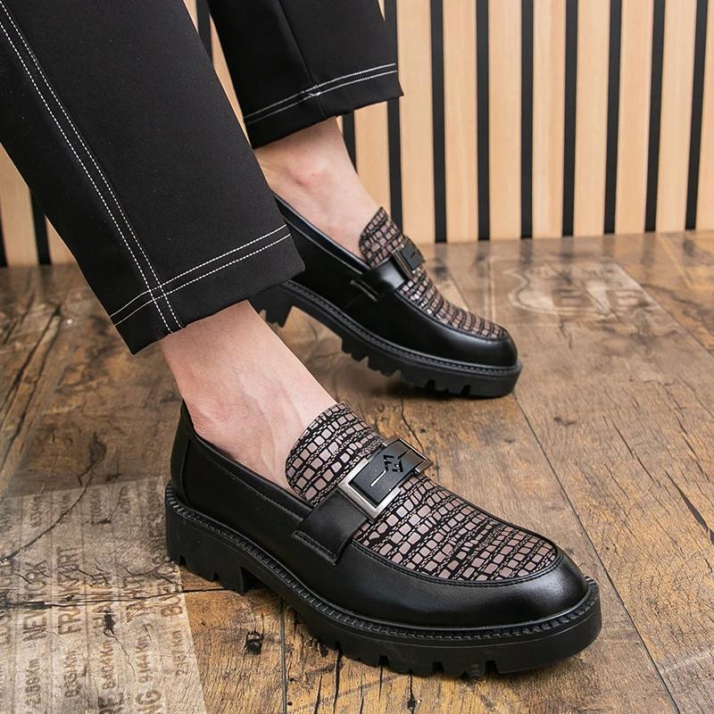 Men Leather Casual Dress Shoes Platform Loafers Slip-on High Thick Bottom Height Increasing Shoes Oxfords Wedding Shoes Hombres