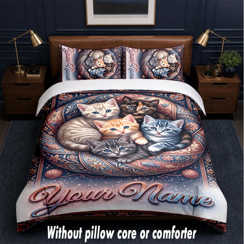 Cat Theme Custom Text Or Name 3Pcs Bedding Set,1 Flat Sheet & 2 Pillowcases Personalized Home Bedding