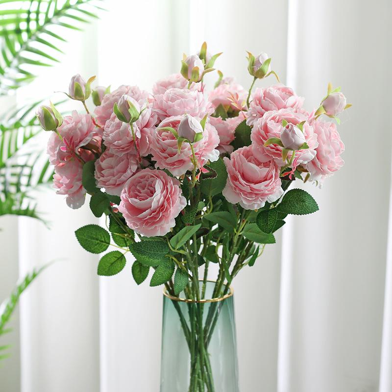 Fiori Artificiali in Seta Peonia a 3 Teste Rosa Occidentale Ornamento Floreale per Decorazione Matrimonio
