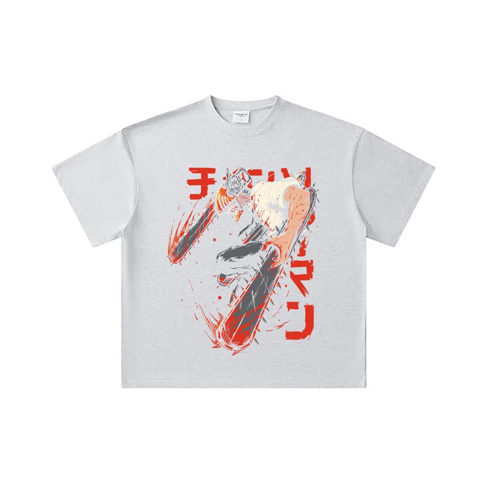 260 GSM Doppelgarn 32er Zählung 100% Baumwolle Chainsaw Man V21 Denji Druck Unisex Schweres Baumwoll-T-Shirt