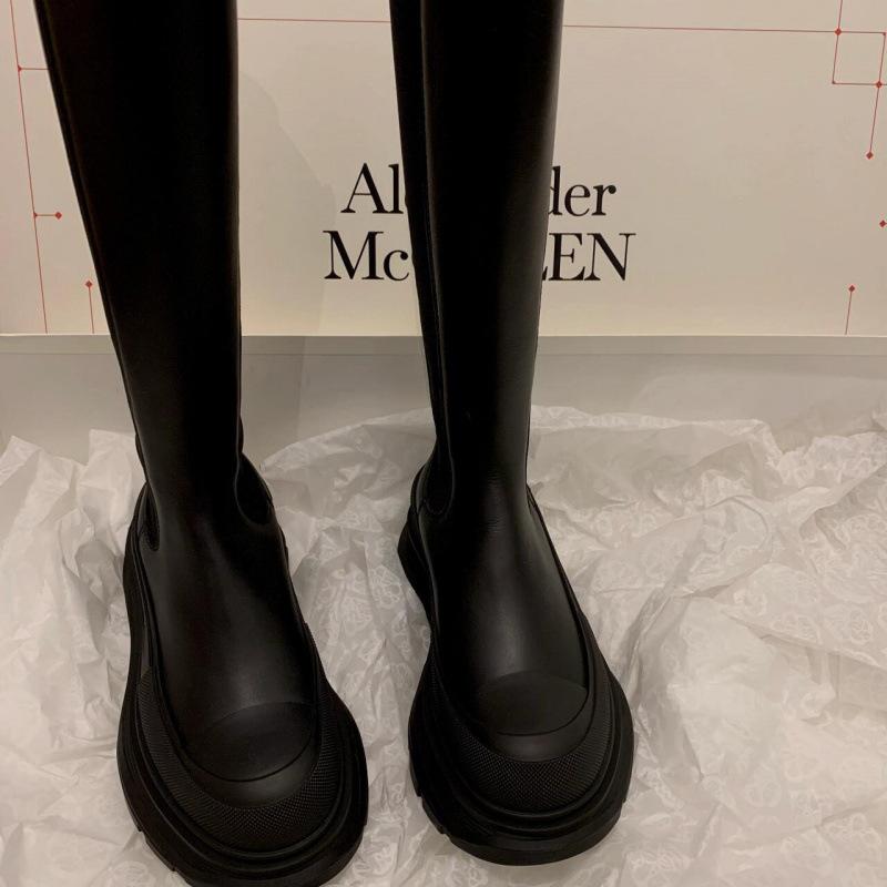Cowhide Version~ Height-increasing Leather Muffin Thick-soled Knight Boots Women's Tall Boots Elastic Boots High-heeled Boots